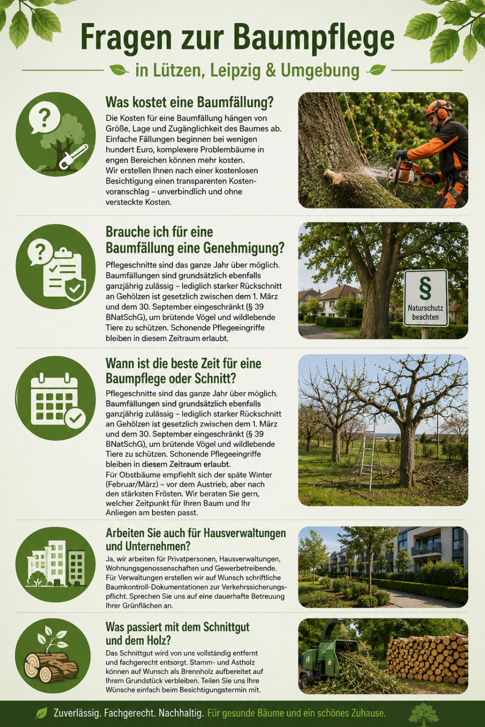 So läuft der Baum- & Gartenservice bei uns ab 01 · Kontakt aufnehmen Anruf, WhatsApp oder Kontaktformular – schildern Sie uns kurz Ihr Anliegen. Fotos per Handy helfen bereits bei der ersten Einschätzung. ⸻ 02 · Kostenlose Besichtigung Wir kommen direkt zu Ihnen vor Ort, begutachten Baum oder Garten und besprechen gemeinsam, welche Maßnahmen sinnvoll und fachgerecht sind. ⸻ 03 · Transparentes Angebot Auf Wunsch erhalten Sie einen schriftlichen Kostenvoranschlag – verständlich erklärt, transparent kalkuliert und ohne versteckte Kosten. ⸻ 04 · Ausführung & Entsorgung Termingerechte und professionelle Durchführung der Arbeiten inklusive vollständiger Räumung und fachgerechter Entsorgung von Schnittgut und Stammholz – auf Wunsch inklusive Abtransport. So läuft der Baum- & Gartenservice bei uns ab
01 · Kontakt aufnehmen
Anruf, WhatsApp oder Kontaktformular – schildern Sie uns kurz Ihr Anl